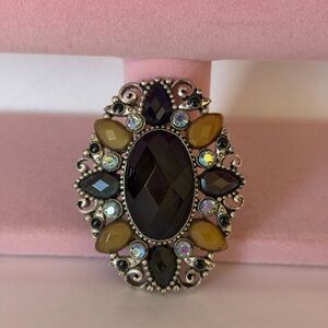 1928 Dark Teal Brooch Faceted Olive Acrylic Greens AB Rhinestones Silver Tone